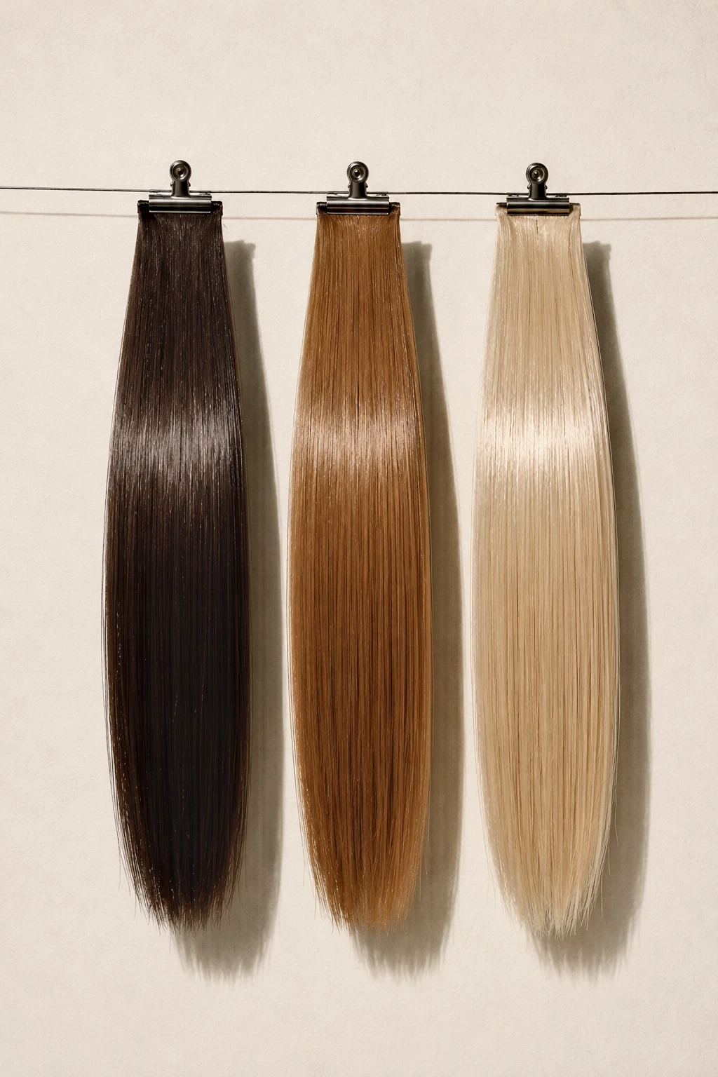 Three wefts of European hair on bulldog clips: espresso, caramel, champagne